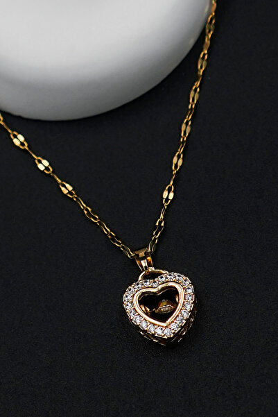 TREND COLLECTİON 316L Çelik Gold Renk Dönen Zirkon Taşlı Kalp Kadın Kolye