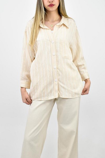 birizmoda Πουκάμισο Oversize με ριγέ λεπτομέρεια τσέπης - Κρέμα