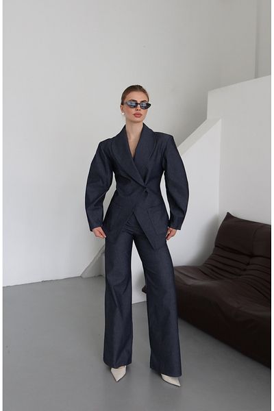 Laluvia Marineblaues Ballonärmel-Jacken-Hosen-Set - 903148
