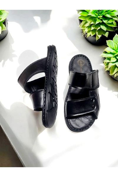 GokceKundura06 Ανδρικές παντόφλες από γνήσιο δέρμα Velcro ρυθμιζόμενες για το σπίτι και το εξωτερικό