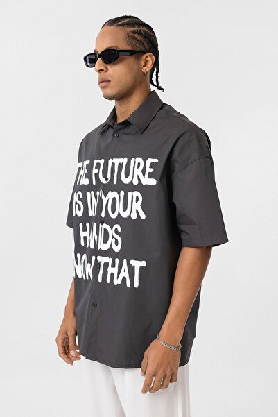 VAMOSCLO Front Printed 100% Cotton Poplin Oversize Shirt Smoked