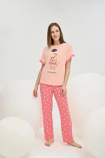 Sevim 16395 Salmon Heart Teddy Bear Frilly Pajama Set