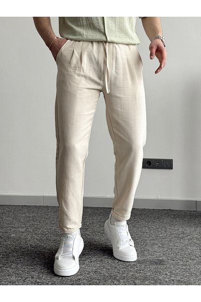He Brand Men's Cream Boyfriend Double Leg Linen Trousers