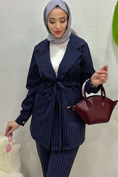 Tesettür Diyarı Women's Striped Polyviscon Fabric Jacket and Trousers Suit-Navy Blue