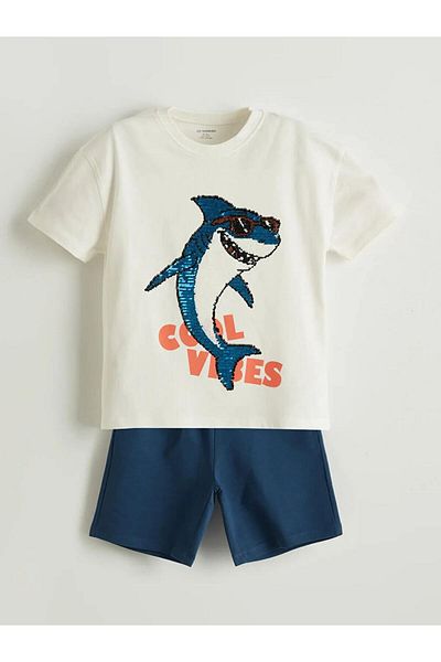 LC Waikiki Lcw Kids Ecru Printed Boys T-Shirt and Shorts 2-Piece