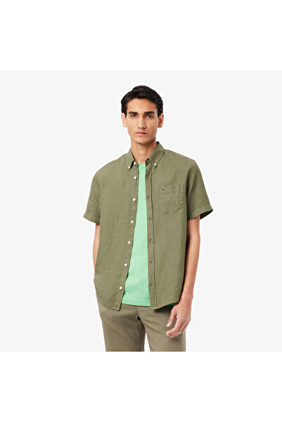 Lacoste Erkek Regular Fit Kısa Kollu Düğmeli Yaka Keten Haki Gömlek