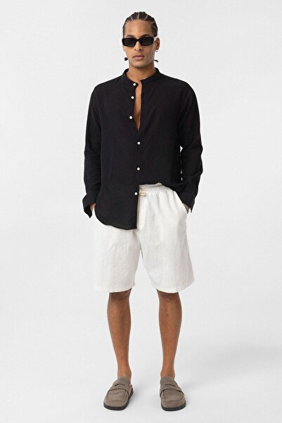 VAMOSCLO Hakim Yaka Oversize Uzun Kollu Pamuk Keten Gömlek Siyah