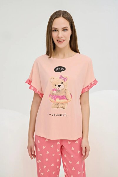 Sevim 16395 Somon Kalpli Ayıcıklı Fırfırlı Pijama Takım