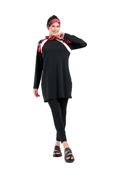 Plistre 2240_Printed Zipper and Intermediate Piping Detailed 4-Piece Set Full-Covered Hijab Swimsuit