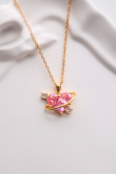 EFBUTİK Stainless Steel Gold Color Pink Saturn Heart Necklace