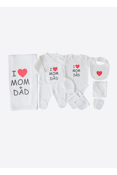 kitikate مجموعة خروج المستشفى من Organic ASK I Love Mom&Dad مكونة من 10 قطع باللون الأبيض