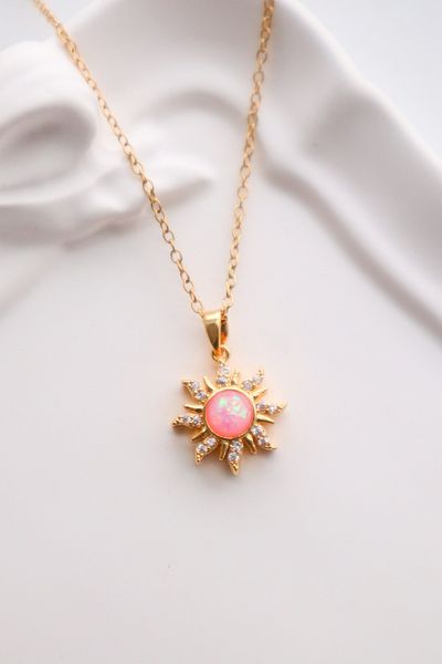 EFBUTİK Stainless Steel Gold Color Pink Enamel Zircon Stone Sun Necklace
