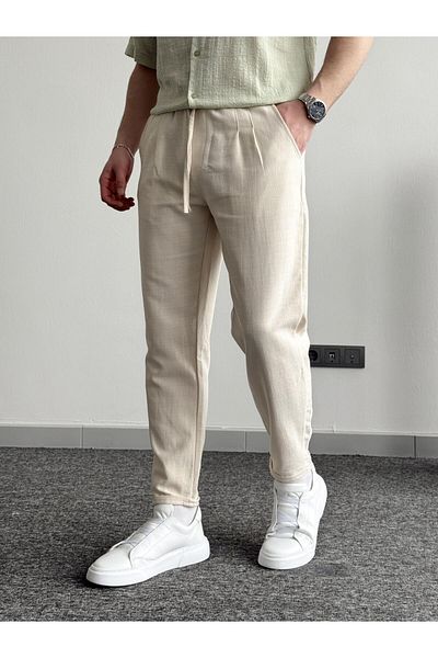 He Brand Men's Cream Boyfriend Double Leg Linen Trousers