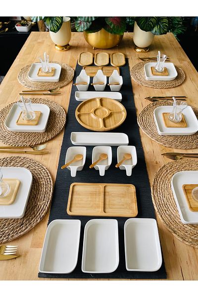 CASA DE BELLA Porcelain Bamboo 41 Piece Square Serving Plate Breakfast Set for 6 People