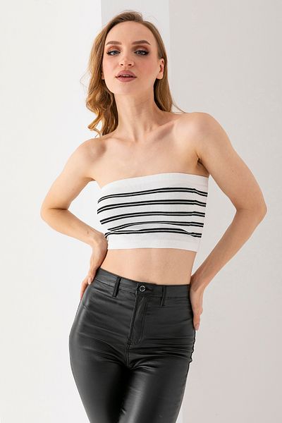 GİYSA Women's Strapless Striped Crop White Black - Ms 0000136