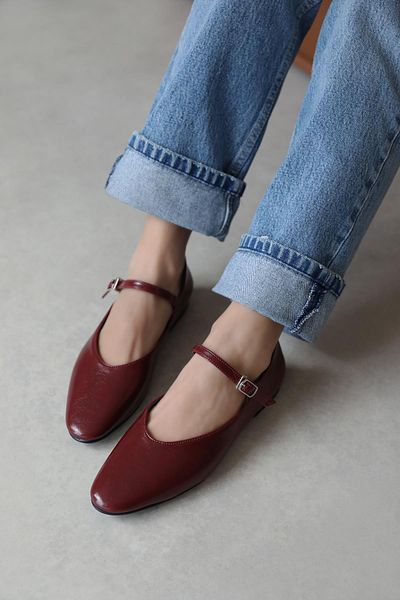 STRASWANS Balerini din piele șifonată de damă, roșu claret deschis