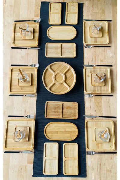CASA DE BELLA Bamboo 33 Piece Square Serving Plate Breakfast Set for 6 People