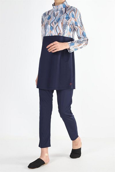 Plistre 2156_patterned Full Covered 3-Piece Hijab Swimsuit