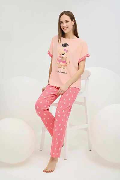 Sevim 16395 Salmon Heart Teddy Bear Frilly Pajama Set