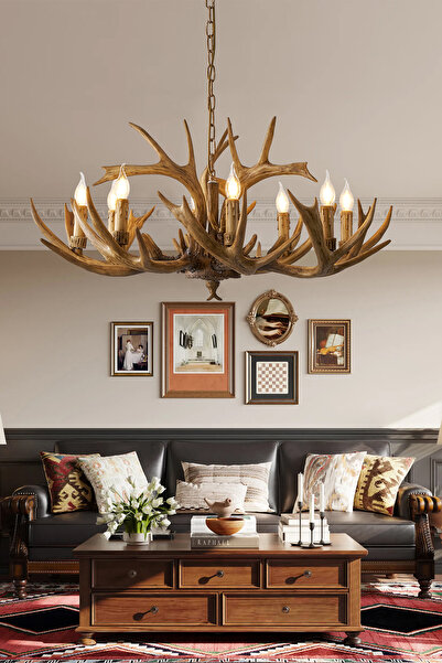 Apliqa Zoye Ahşap 8'li Geyik Boynuzu Desenli Modern Kafe Restoran. Salon Avize