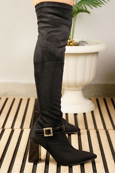 İmerShoes Cizme zilnice de piele intoarsa neagra pentru femei, cu toc gros, catarama aurie, cizme elastice cu varf ascutit peste genunchi 371