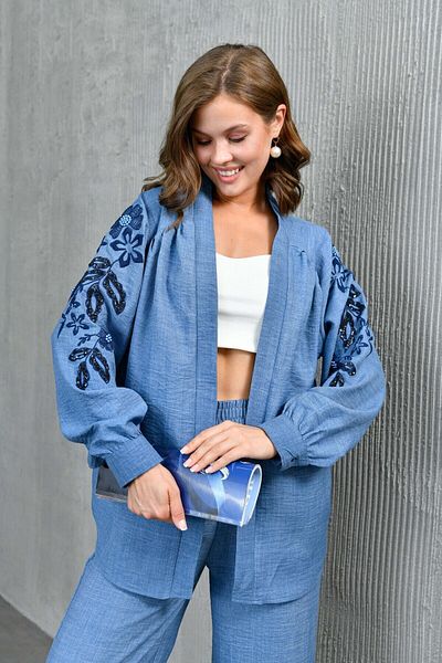 Miss Allos Linen Kimono Jacket and Trousers Set - Sequin Embroidered on the Back and Sleeves
