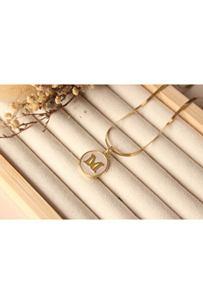 Tişt Accessory KARARMAZ ÇELİK SEDEFLİ PLAK MODEL M HARFLİ ÇELİK KOLYE