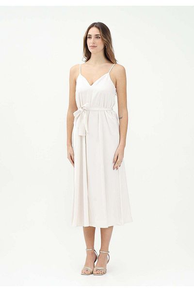 Armani Exchange Women's Strap V-Neck Detachable Waist Belt Back Revealing Midi White Dress