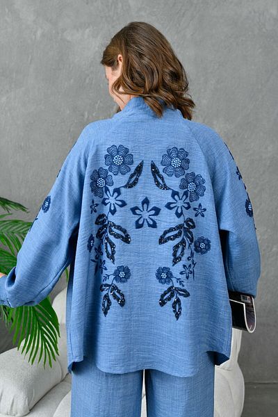Miss Allos Linen Kimono Jacket and Trousers Set - Sequin Embroidered on the Back and Sleeves