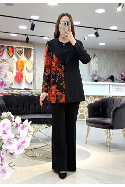 çınar özkan Jakar İpek Cupra Çiçek Desenli Blazer Takım