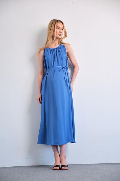 BUSA Rochie Saren albastră cu lungime midi, talie de maternitate, cu dantelă, mânecă 0