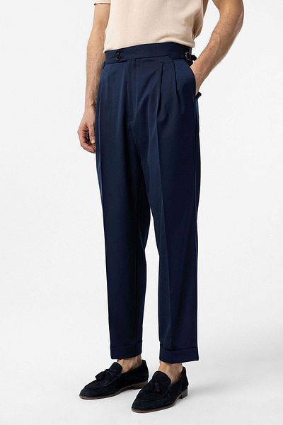 Antioch Light Navy Blue High Waist Italian Mold Pleated Men's Trousers