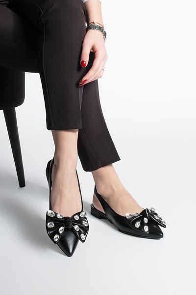 Marjin Women's Pointed Toe Bow Detailed Stoned Open Back Scarf Ballerinas Lispen Black