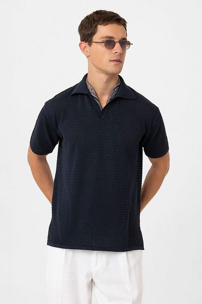 Antioch Navy Blue Polo Neck Textured Men's Knitwear T-Shirt