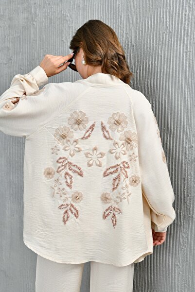 Miss Allos Linen Kimono Jacket and Trousers Set - Sequin Embroidered on the Back and Sleeves