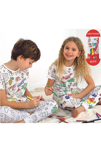 vitmo Set de pijamale pentru fete și băieți, cu mâneci scurte, cu creion special, care poate fi vopsit (nu lasă pete după spălare)