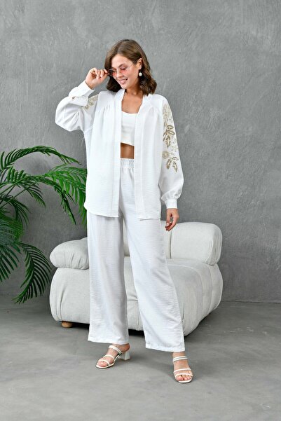 Miss Allos Linen Kimono Jacket and Trousers Set - Sequin Embroidered on the Back and Sleeves