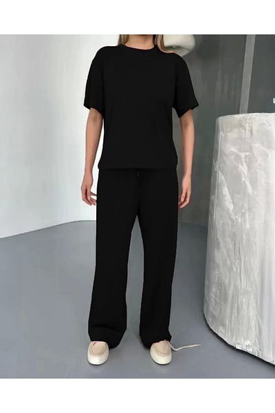 Tam12den Home Osy Modal μαλακή υφή με κοντομάνικη μπλούζα Casual Pantalon διπλό κοστούμι- Μαύρο