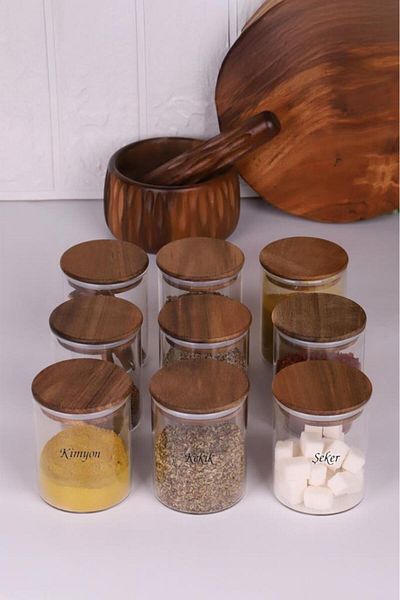 Atbyhome Acacia Lid Borosilicate Glass Spice Rack Storage Jar 200 ml 9 Pack Gift