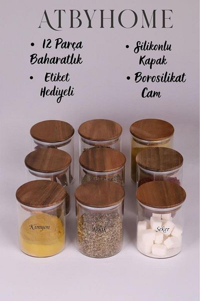 Atbyhome Acacia Lid Borosilicate Glass Spice Rack Storage Jar 200 ml 9 Pack Gift