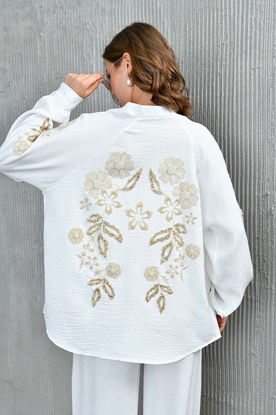 Miss Allos Linen Kimono Jacket and Trousers Set - Sequin Embroidered on the Back and Sleeves