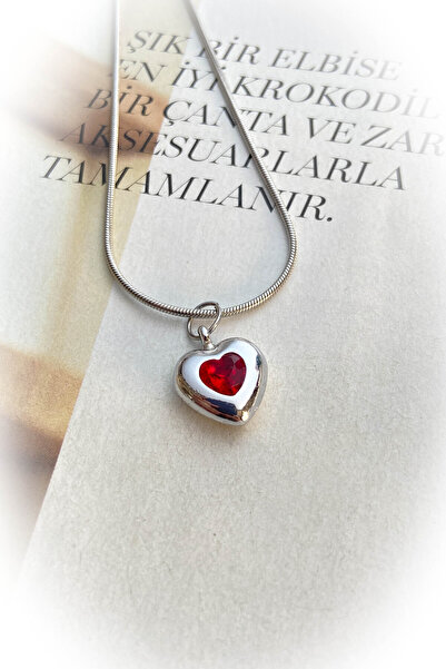 roshel Çelik Gümüş Renk Kalpli Taş Detaylı Çelik Kolye 5 Farklı Taş Seçeneği