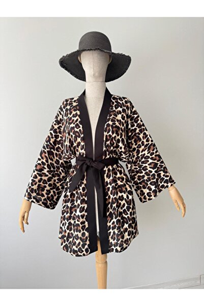 BEJ DOKU LEOPAR KİMONO / PAREO % 100 PAMUK