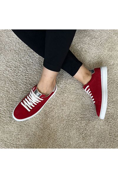 POTEEN Ptn Anatomical Inner Outer Leather Laced Thin Sole Sports Shoes Sneaker Gray Suede-3602-5- Red
