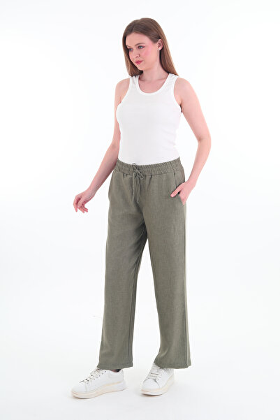 Rich Women's Linen Wide Leg Elastic Waist Khaki Trousers