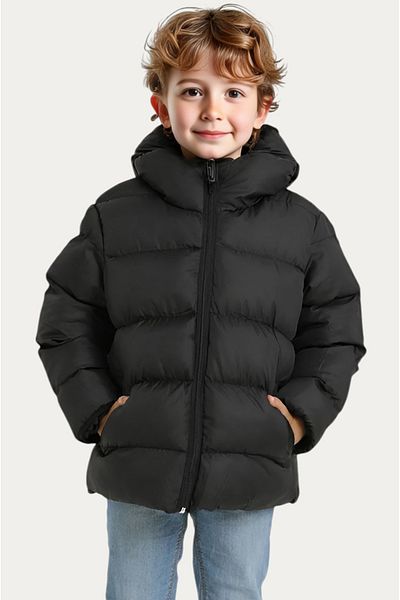 Montland Boy's Black Fleece Hooded Waterproof Windproof Puffed Winter Coat with Pockets