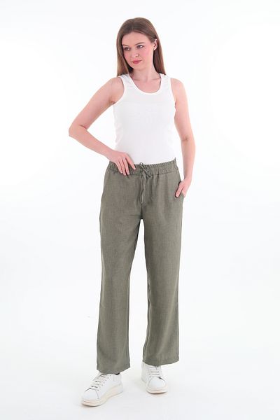 Rich Pantaloni de damă din in, cu picioare largi, cu talie elastică, kaki
