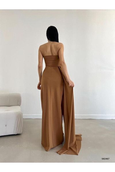 Modafeminen Βραδινό φόρεμα Fulya Strapless Slit Camel 582467
