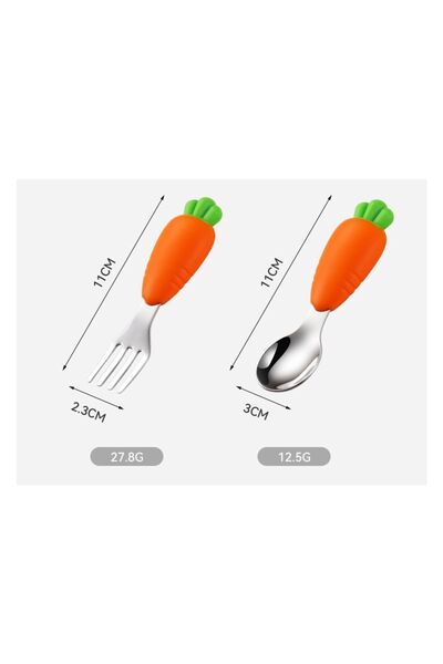 jojobebek Children's Silicone Handle Stainless Steel Tip Fork and Spoon (WITH CARROT FIGURE)