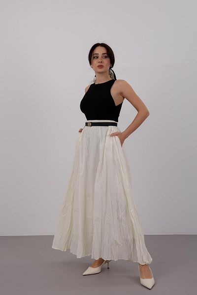 FACETTE Women's Ecru Elastic Waist Midi Skirt
